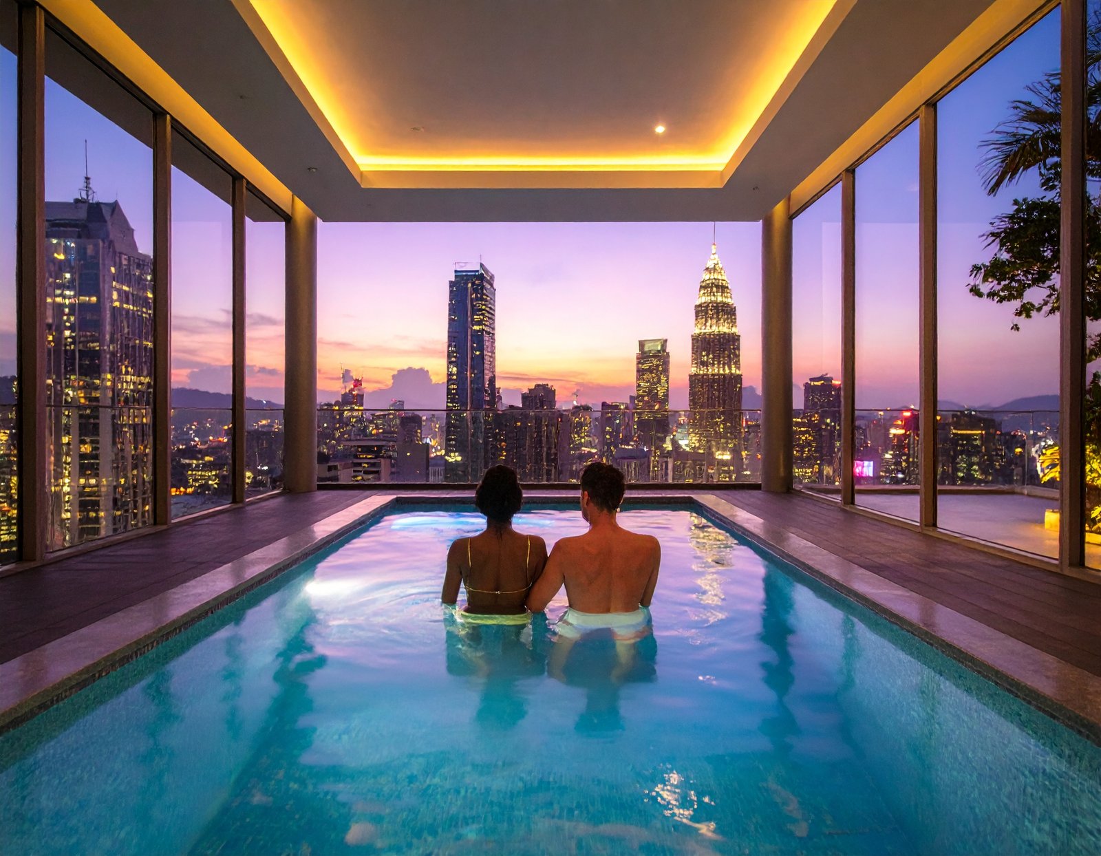 Firefly_A couple sits on the side of the plunge pool, couple not seeing front this pool in h 829618